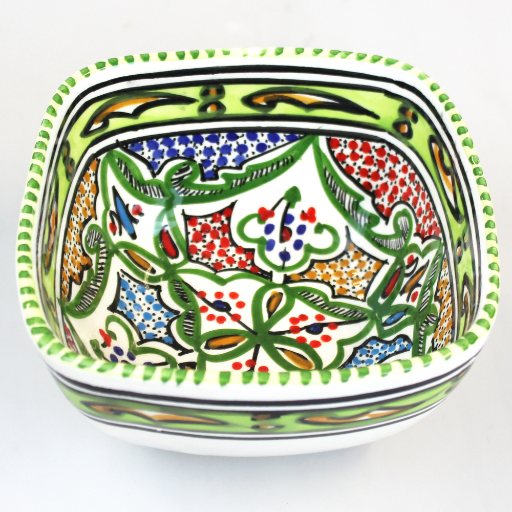 Schaal Kom vierkant d=14cm, groen, beschilderd aardewerk TW - Tunesie