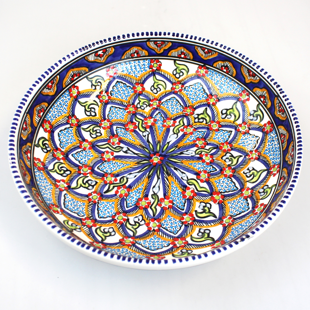 Schaal D 25cm diep Dina beschilderd aardewerk blauw oranje - Tunesie