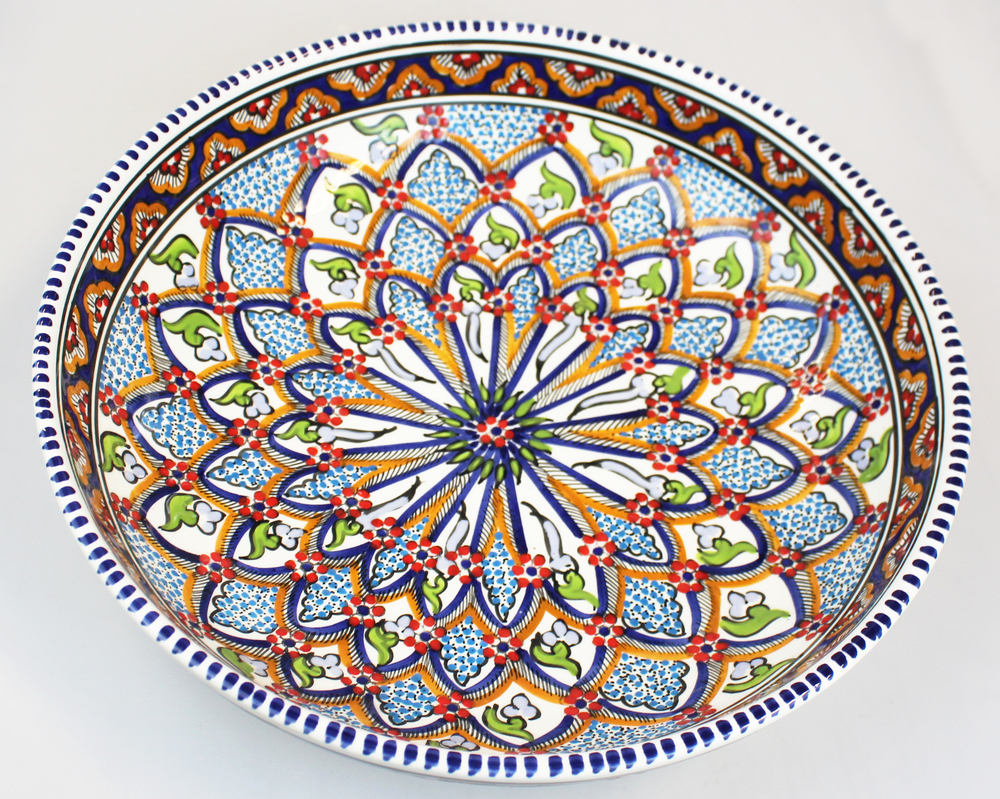 Schaal Kom diep d=30cm, Dina blauw oranje, beschilderd aardewerk TW - Tunesie
