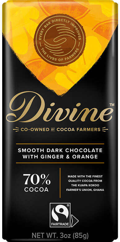 Chocolade Reep Divine puur 90g 70% cacao Gember Sinaasappel Vegan Kuapa Kokoo - Ghana + Malawi