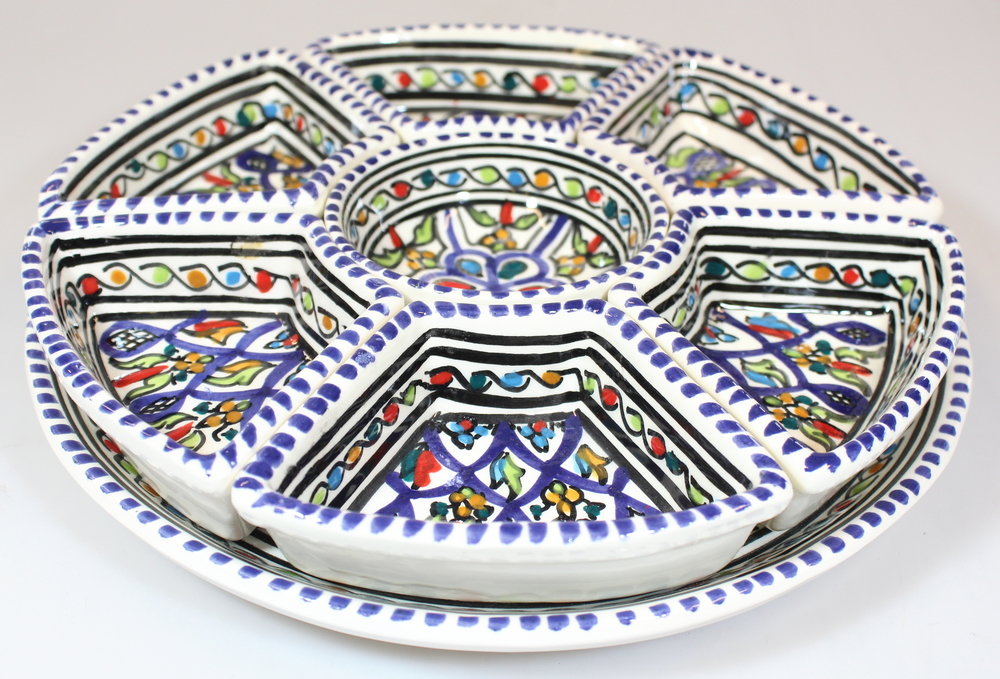 Schaal tapas rond 20cm 7vakken beschilderd aardewerk donker blauw - Tunesie