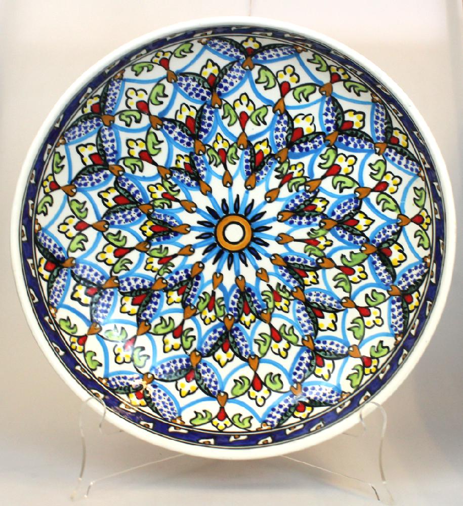 Schaal Kom diep ca 7,5cm D=30cm, Dina, beschilderd aardewerk, donker blauwe rand - Tunesie