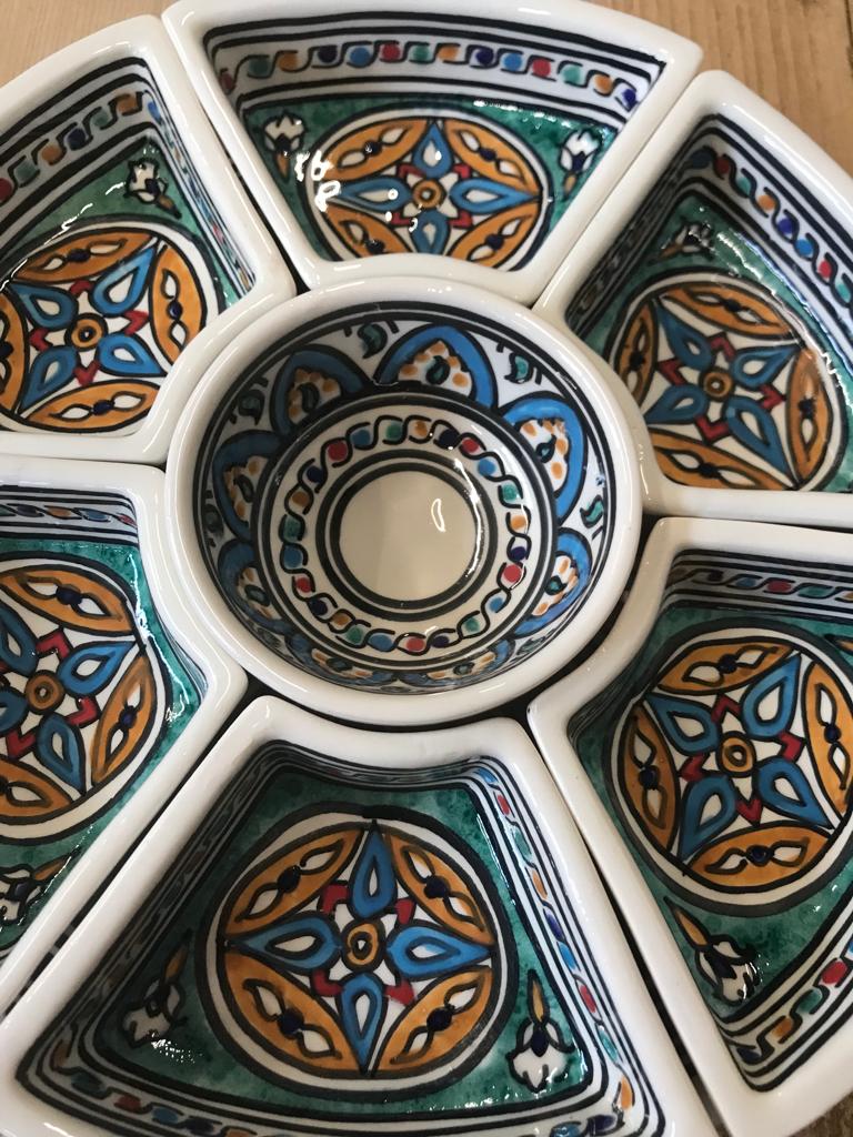 Schaal tapas d=30cm 7 vakken beschilderd aardewerk D131 (blauw oranje accent) - Tunesie