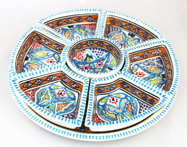 Schaal tapas d=30cm 7 vakken beschilderd aardewerk D105 (turqois) - Tunesie