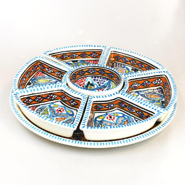 Schaal tapas d=30cm 7 vakken beschilderd aardewerk D105 (turqois) - Tunesie