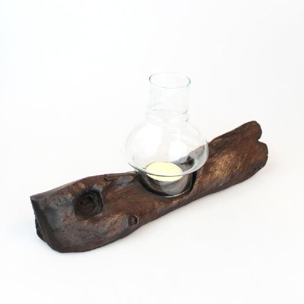 Waxinehouder teakhoutenschijf met lampeglas - Thailand
