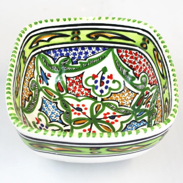 Schaal Kom vierkant d=14cm, groen, beschilderd aardewerk TW - Tunesie