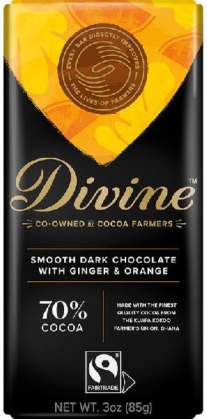 Chocolade Reep Divine puur 90g 70% cacao Gember Sinaasappel Vegan Kuapa Kokoo - Ghana + Malawi