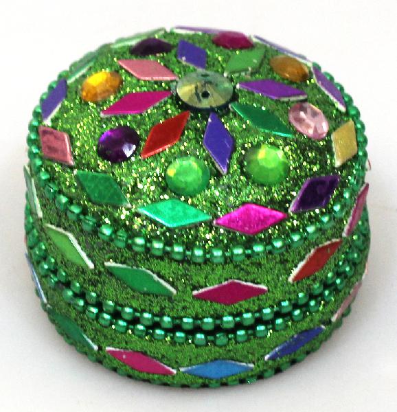 Pillendoosje Glitter groen, rond D 5 cm - Sarana, India