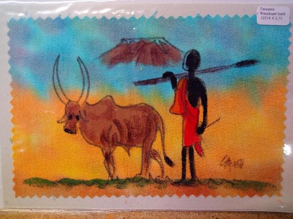 Wenskaart batik Masai-Maasai - jongen met koe, Kam Art Arusha - Tanzania