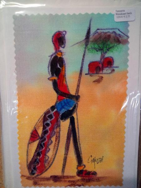 Wenskaart batik Masai-Maasai - krijger zit op schild, Kam Art Arusha - Tanzania