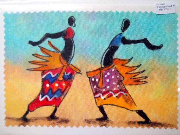Wenskaart batik Masai-Maasai - 2 danseressen, Kam Art Arusha - Tanzania