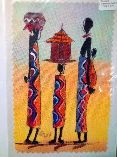 Wenskaart batik Masai-Maasai - 2 moeders met 2 kinderen, Kam Art Arusha - Tanzania