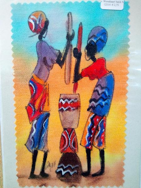 Wenskaart batik Masai-Maasai - 2 vrouwen met vijzel, Kam Art Arusha - Tanzania