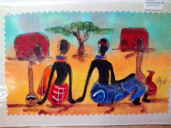 Wenskaart batik Masai-Maasai - 2 vrouwen kijken naar dorp, Kam Art Arusha - Tanzania