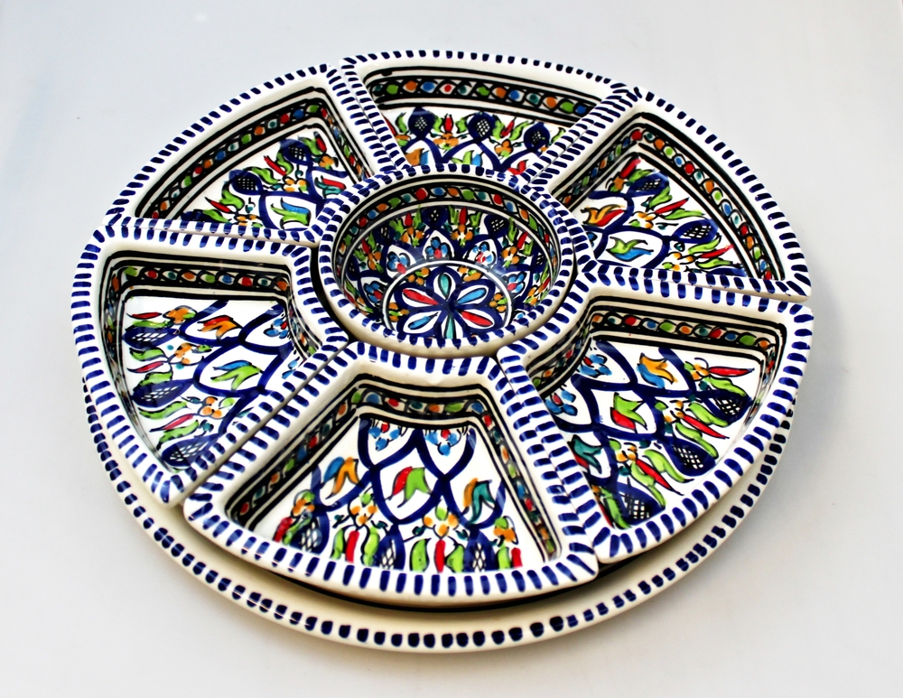 Schaal tapas d=30cm 7 vakken beschilderd aardewerk donker blauw - Tunesie