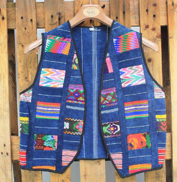 Vest Gilet, bruin of blauw, patch kort, Chichi - Guatemala