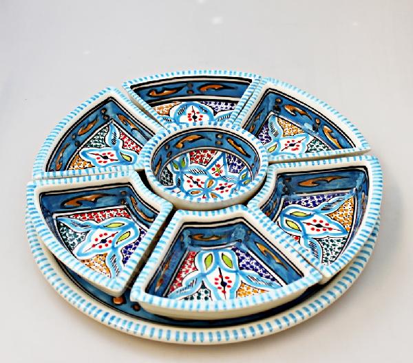 Schaal tapas d=30cm 7 vakken beschilderd aardewerk D105 (turqois) - Tunesie