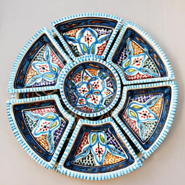 Schaal tapas d=30cm 7 vakken beschilderd aardewerk D105 (turqois) - Tunesie