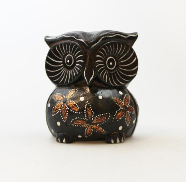 Uil 9cm bruin/bloemen hout - Indonesie