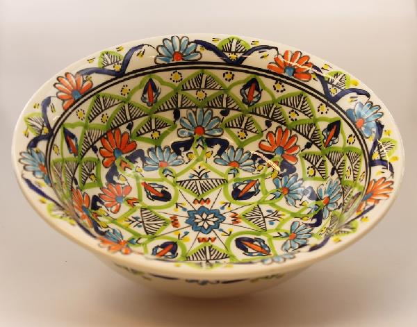 Schaal salade D 30cm beschilderd aardewerk groen blauw oranje - Tunesie